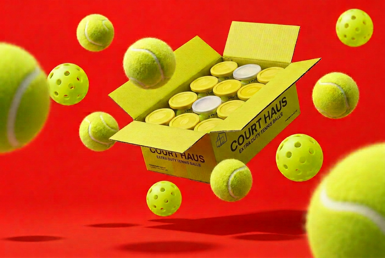 Court Haus box of extra duty tennis ball cans floating on a red background